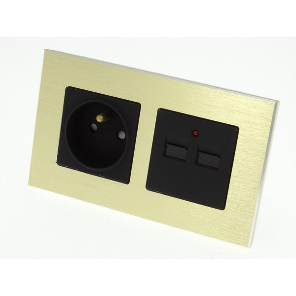 I LumoS Luxury Gold Brushed Aluminium Frame 16A French + 2.1A USB Double Socket UK & EU Standard