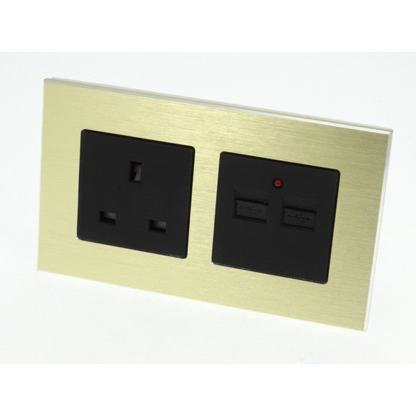 I LumoS Luxury Gold Unswitched Brushed Aluminium UK 13A Plug + 2.1A USB Double Socket