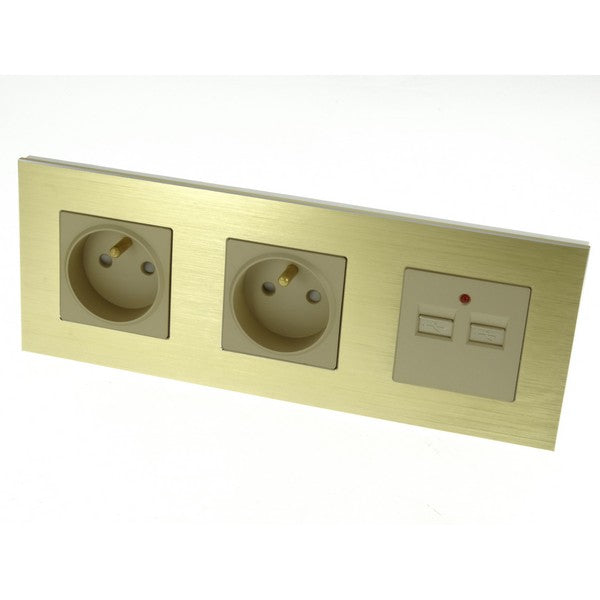 I LumoS Luxury Gold Brushed Aluminium Frame Double 16A French + 2.1A USB Triple Socket