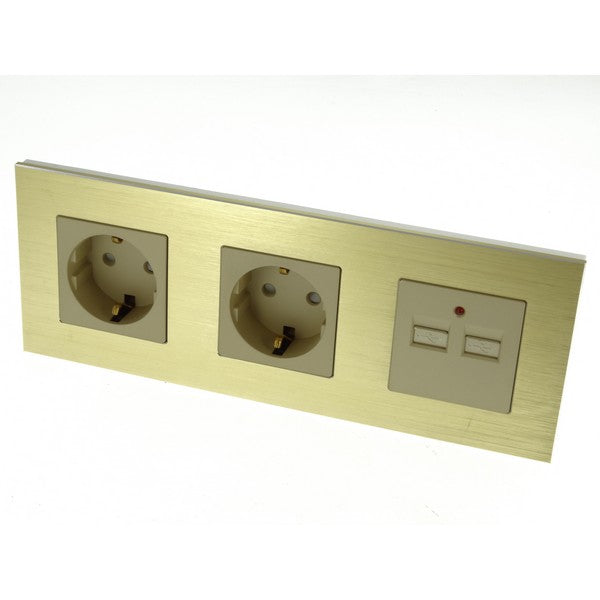 I LumoS Luxury Gold Brushed Aluminium Frame Double German EU 16A Schuko + 2.1A USB Triple Socket