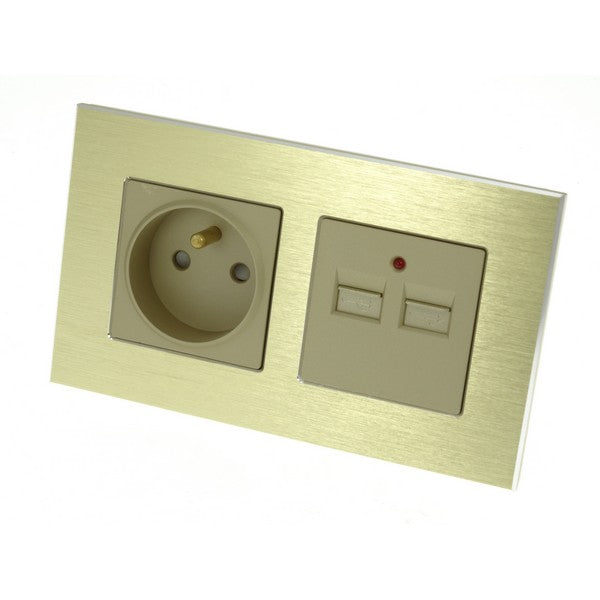 I LumoS Luxury Gold Brushed Aluminium Frame 16A French + 2.1A USB Double Socket UK & EU Standard