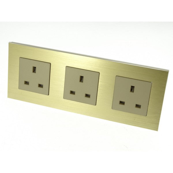 I LumoS Luxury Unswitched Gold Brushed Aluminium UK 13A Wall Plug Triple Socket