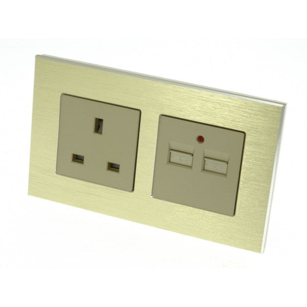 I LumoS Luxury Gold Unswitched Brushed Aluminium UK 13A Plug + 2.1A USB Double Socket