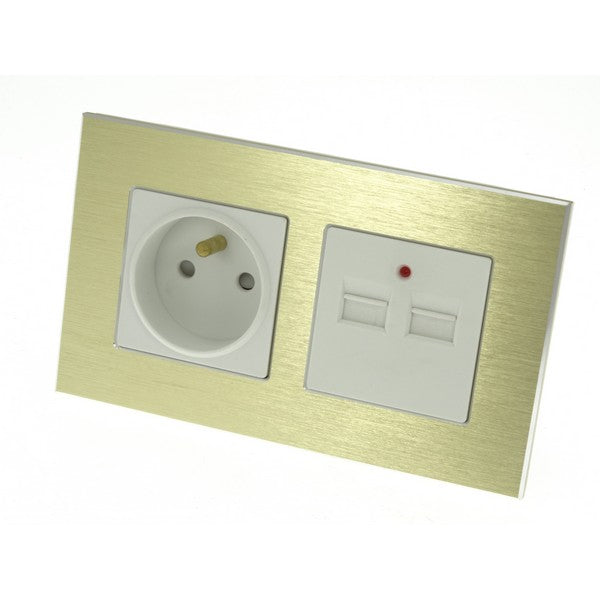 I LumoS Luxury Gold Brushed Aluminium Frame 16A French + 2.1A USB Double Socket UK & EU Standard