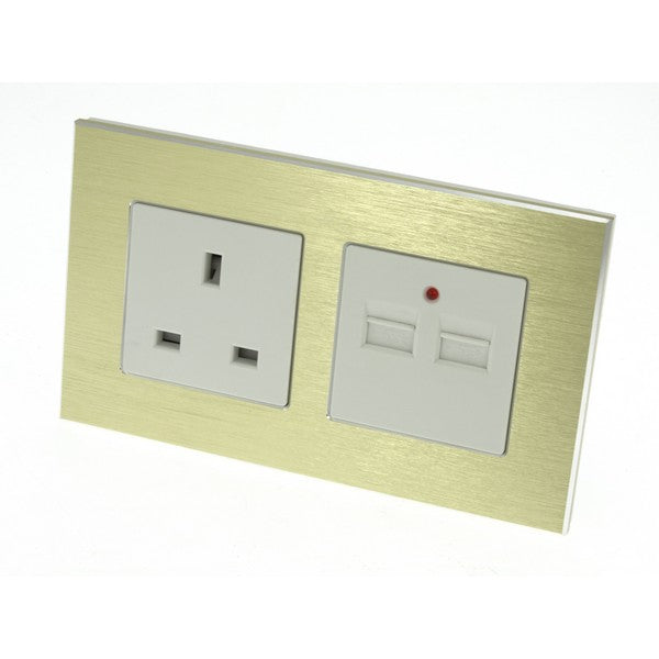 I LumoS Luxury Gold Unswitched Brushed Aluminium UK 13A Plug + 2.1A USB Double Socket