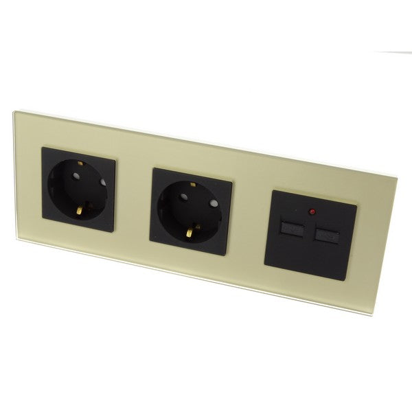 I LumoS Luxury Gold Glass Double German EU 16A Schuko + 2.1A USB Triple Socket