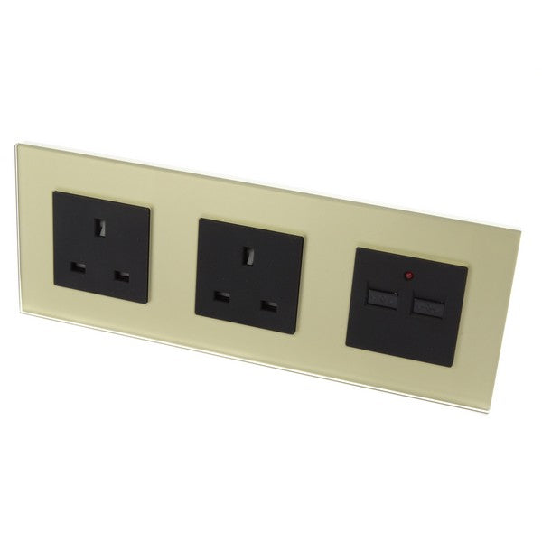 I LumoS Luxury Gold Glass Double 13A UK + 2.1A USB Wall Plug Triple Socket