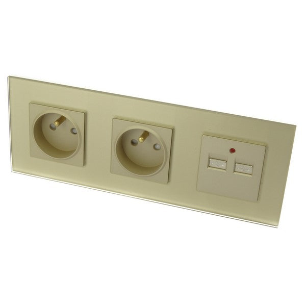 I LumoS Luxury Gold Glass Double 16A French + 2.1A USB Wall Plug Triple Socket