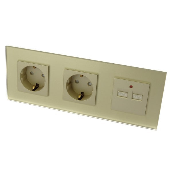 I LumoS Luxury Gold Glass Double German EU 16A Schuko + 2.1A USB Triple Socket