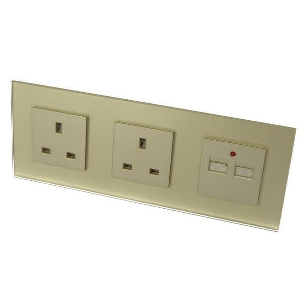 I LumoS Luxury Gold Glass Double 13A UK + 2.1A USB Wall Plug Triple Socket