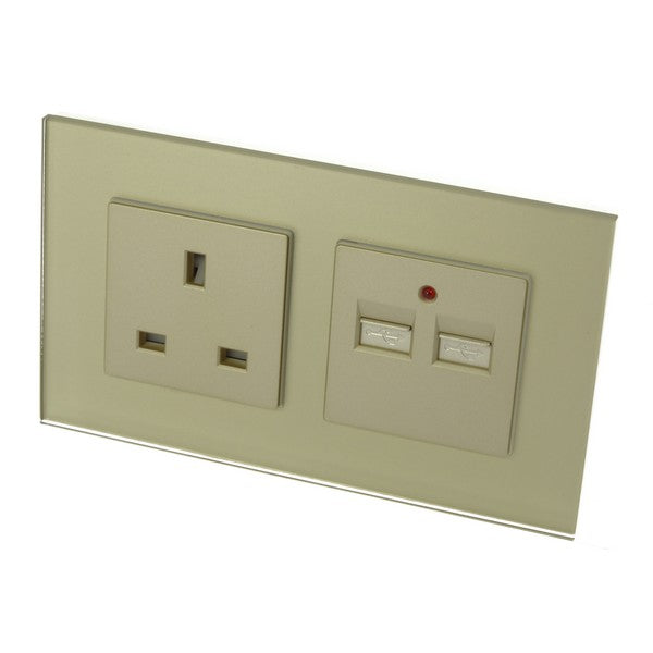 I LumoS Luxury Gold Glass 13A UK & 2.1A USB Charger Double Socket