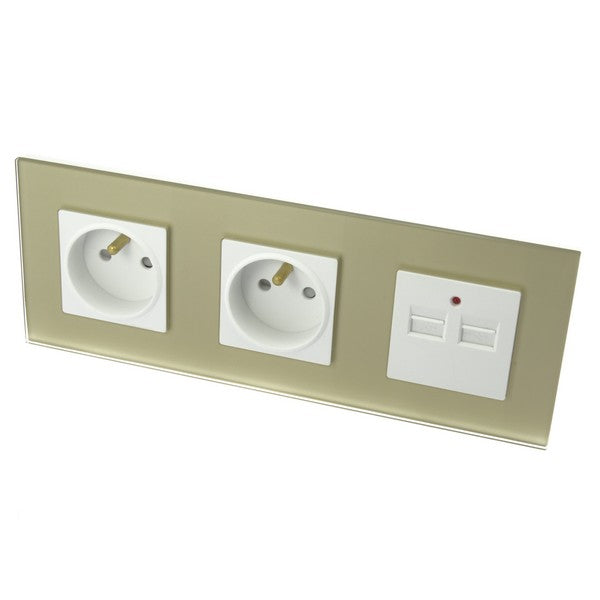 I LumoS Luxury Gold Glass Double 16A French + 2.1A USB Wall Plug Triple Socket