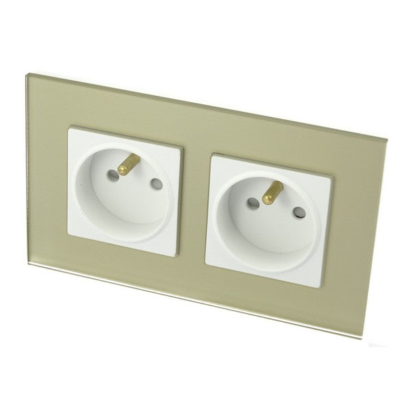 I LumoS Luxury Gold Glass 16A French Wall Plug Double Socket UK & EU Standard