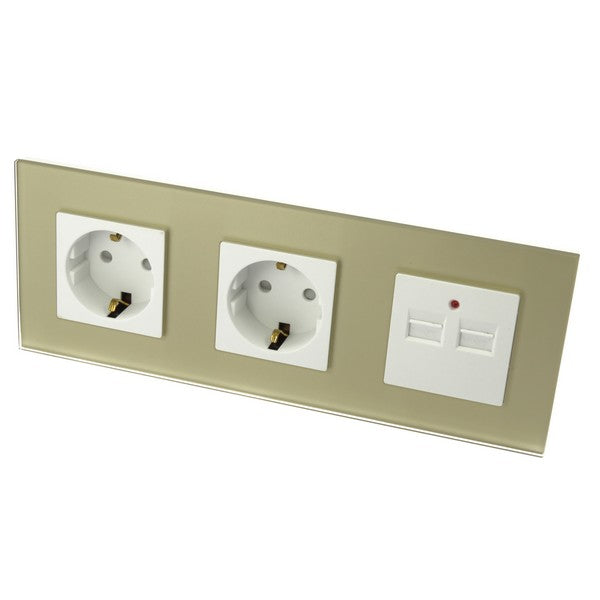 I LumoS Luxury Gold Glass Double German EU 16A Schuko + 2.1A USB Triple Socket