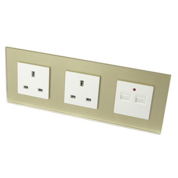 I LumoS Luxury Gold Glass Double 13A UK + 2.1A USB Wall Plug Triple Socket