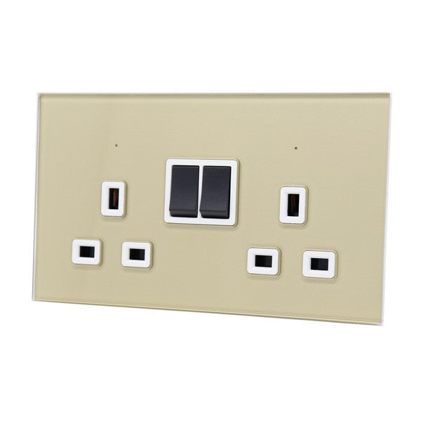 I LumoS Luxury Gold Glass Panel 13A Switched UK Plug Double Socket