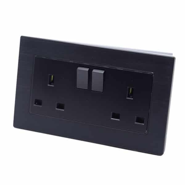 I LumoS Luxury Black Brushed Aluminium Frame 13A Switched UK Plug Double Socket