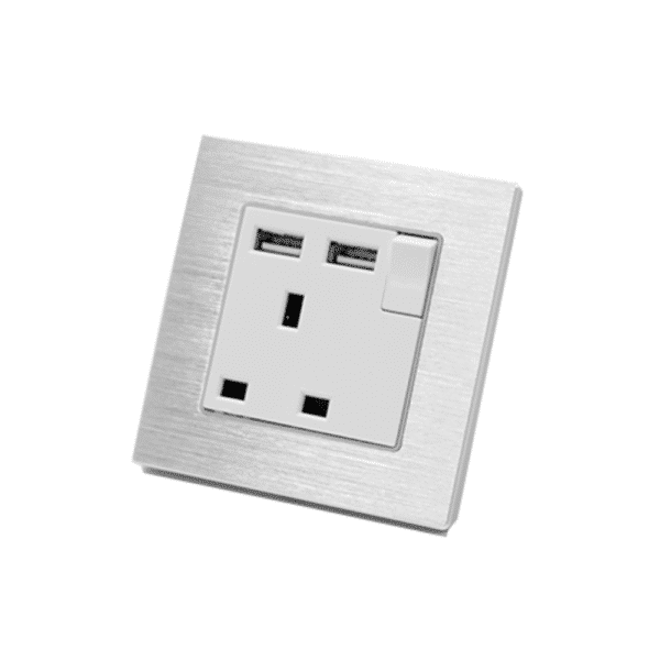 I LumoS Luxury Switched Silver Brushed Aluminium UK 13A Plug Single Socket with 3.1A Double USB Charger