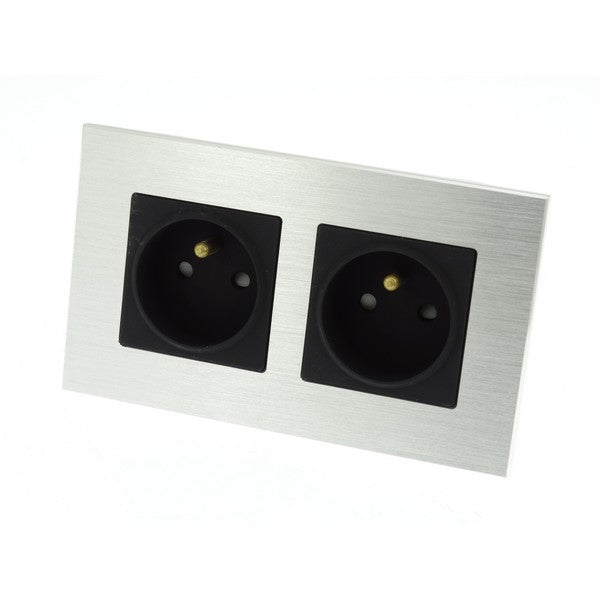 I LumoS Luxury Silver Brushed Aluminium Frame 16A French Double Socket UK & EU Standard