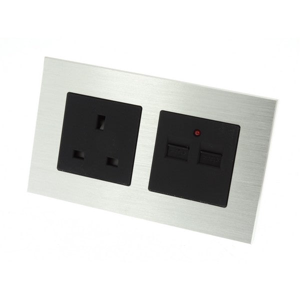 I LumoS Luxury Silver Unswitched Brushed Aluminium UK 13A + 2.1A USB Plug Double Socket