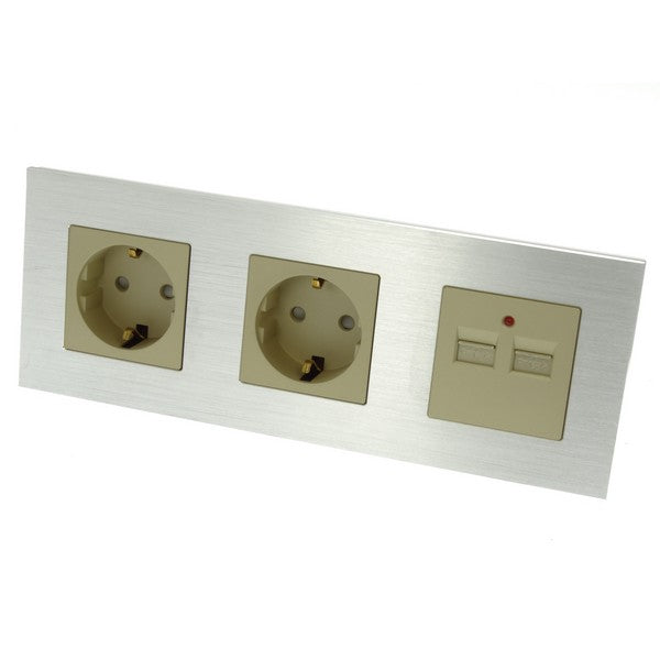 I LumoS Luxury Silver Brushed Aluminium Frame Double German EU 16A Schuko + 2.1A USB Triple Socket