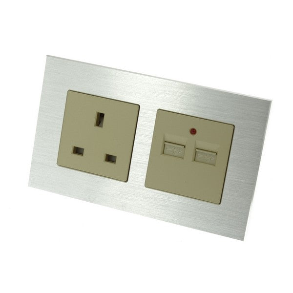 I LumoS Luxury Silver Unswitched Brushed Aluminium UK 13A + 2.1A USB Plug Double Socket