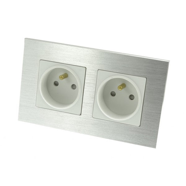 I LumoS Luxury Silver Brushed Aluminium Frame 16A French Double Socket UK & EU Standard