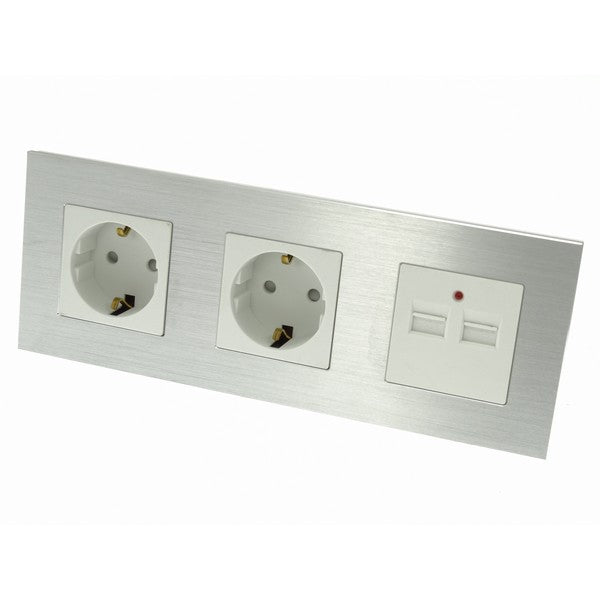 I LumoS Luxury Silver Brushed Aluminium Frame Double German EU 16A Schuko + 2.1A USB Triple Socket