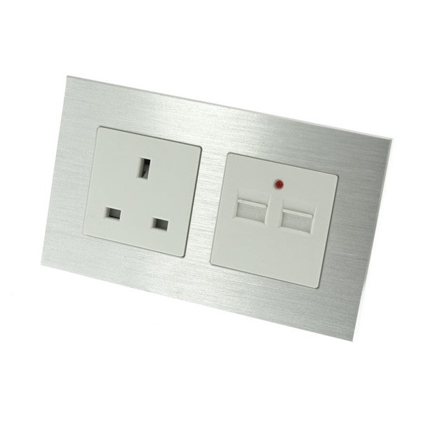 I LumoS Luxury Silver Unswitched Brushed Aluminium UK 13A + 2.1A USB Plug Double Socket