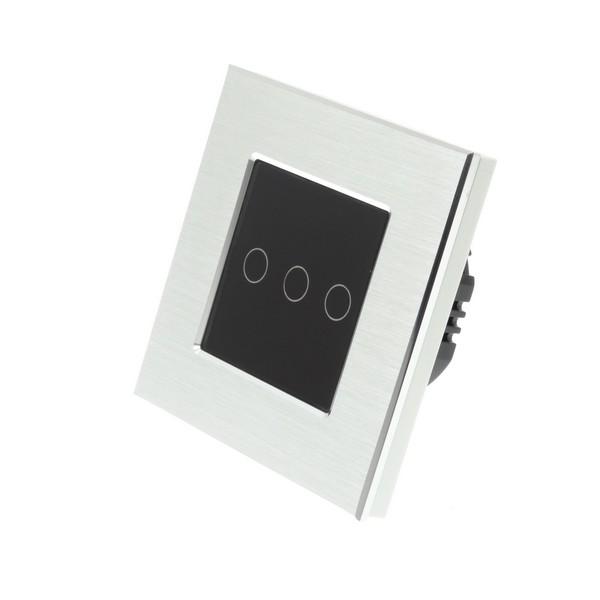 I LumoS Luxury Silver Brushed Aluminium Frame & Black Insert LED Dimmer Touch Light Switches