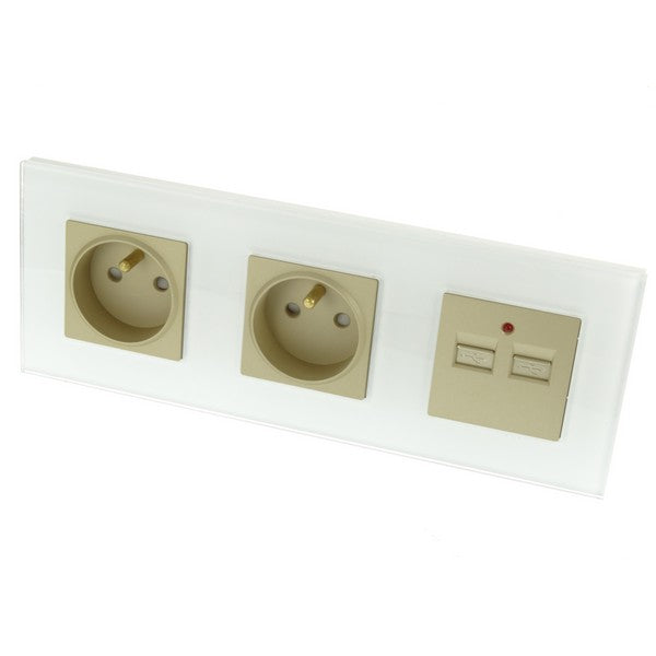 I LumoS Luxury White Glass Double 16A French + 2.1A USB Wall Plug Triple Socket