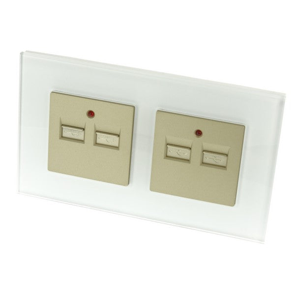 I LumoS Luxury White Glass 4 Slot 4.2A USB Double Socket Wall Phone Charger UK & EU Standard