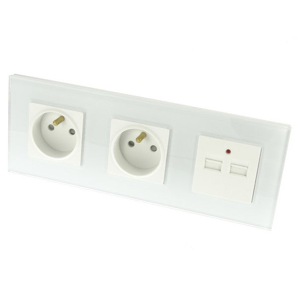 I LumoS Luxury White Glass Double 16A French + 2.1A USB Wall Plug Triple Socket