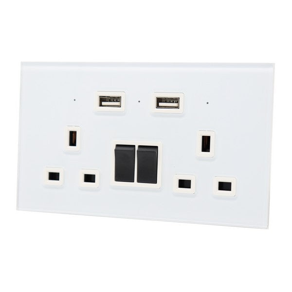 I LumoS Luxury White Glass Panel 13A Switched UK Plug Double Socket with 3.1A Double USB Charger