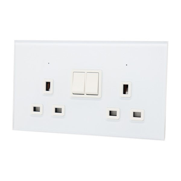 I LumoS Luxury White Glass Panel 13A Switched UK Plug Double Socket