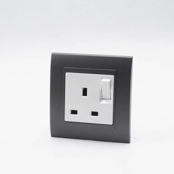 Dark Grey Plastic Arc Single Frame with White Interests of Switched UK Socket