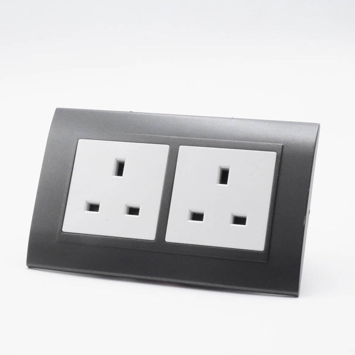 Dark Grey Plastic Arc Double Frame with white Interests of both UK sockets