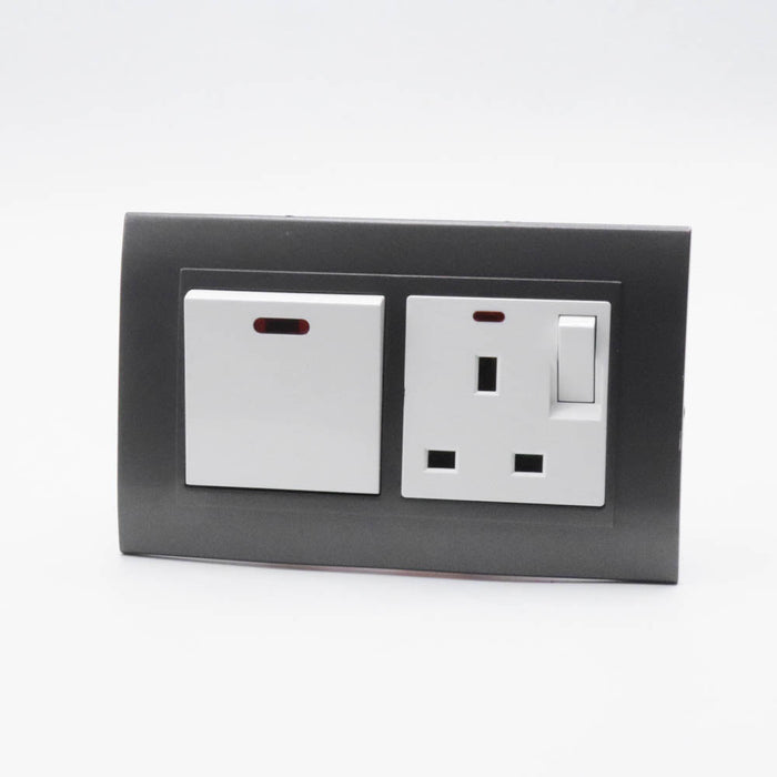 Dark Grey plastic with arc double frame with white inserts of 45a switch and switched neon uk socket