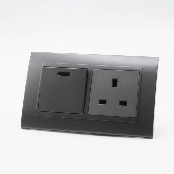 Dark Grey plastic with arc double frame with dark grey inserts of 45a switch and uk socket