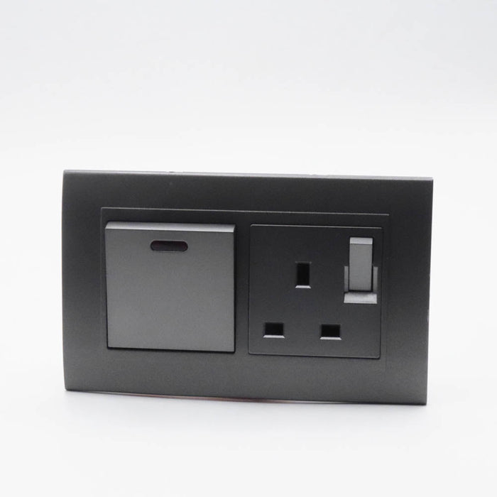 Dark Grey plastic with arc double frame with dark grey inserts of 45a switch and switched uk socket