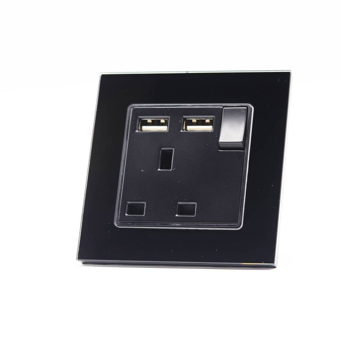 I LumoS Luxury Switched Glass Frame UK 13A Plug Single Socket with 3.1A Double USB Charger