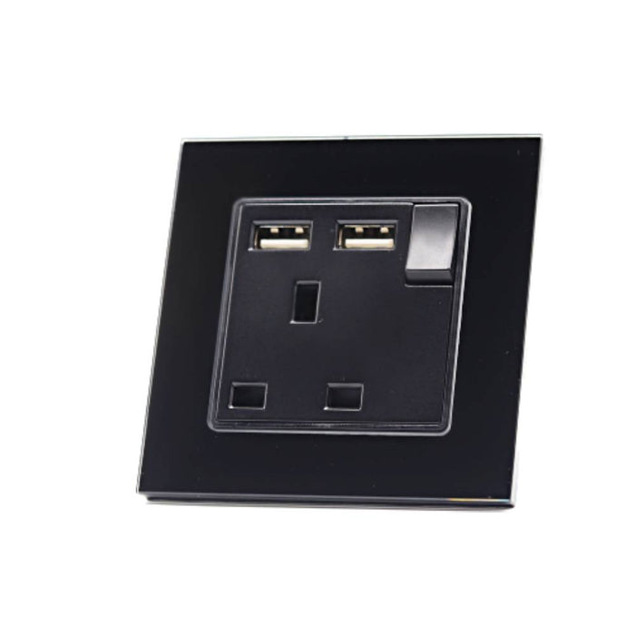 I LumoS Luxury Switched Black Brushed Aluminium UK 13A Plug Single Socket with 3.1A Double USB Charger