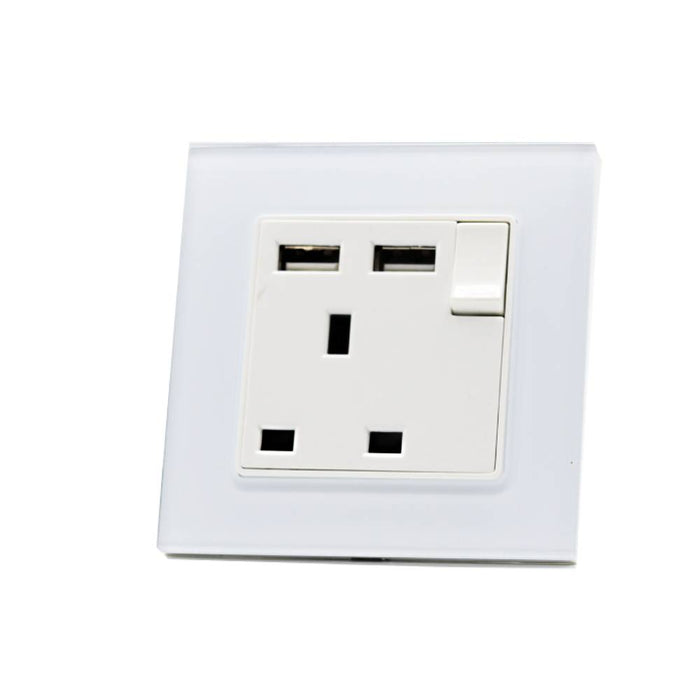 I LumoS Luxury Switched Glass Frame UK 13A Plug Single Socket with 3.1A Double USB Charger